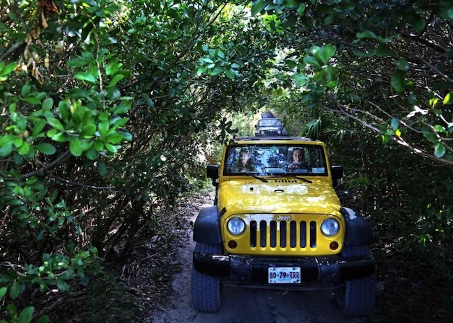 Clara and her friends exploring Cozumel in a yellow jeep.