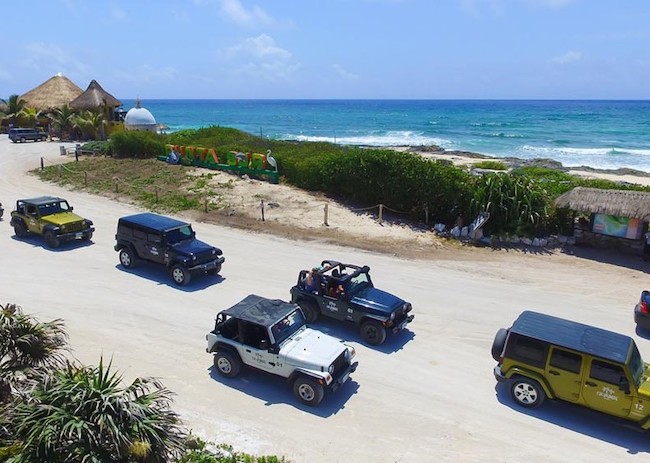 The Jeeps arriving on the coast of Cozumel.